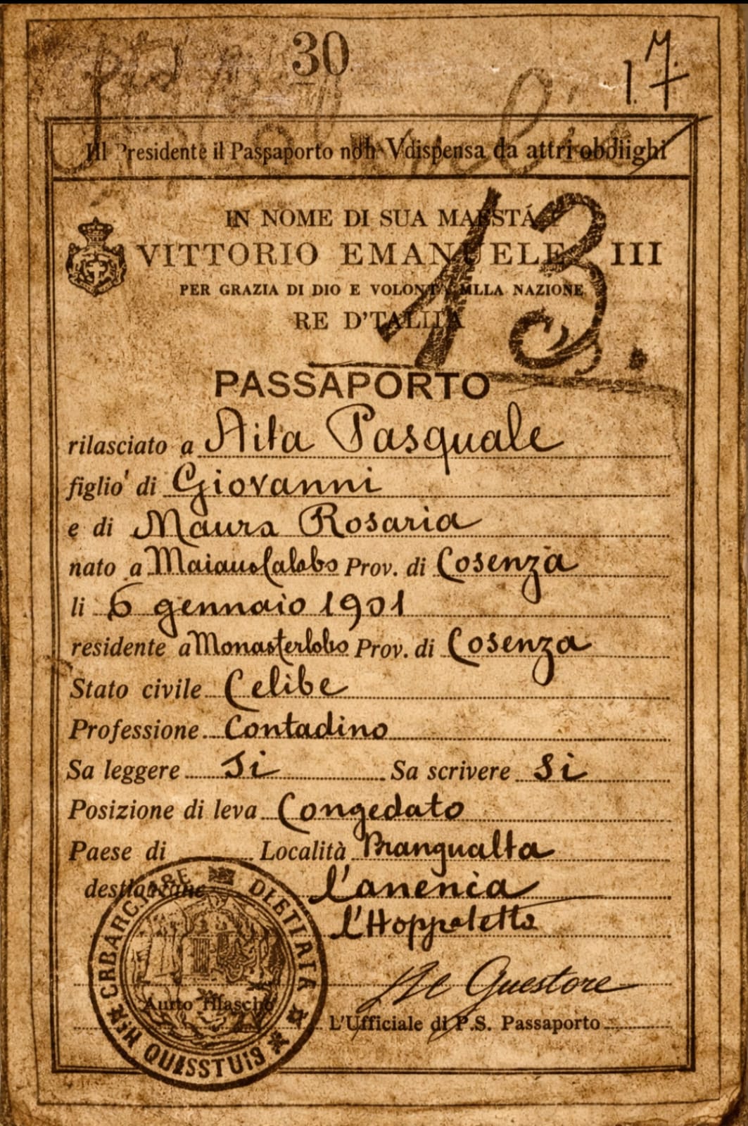 Passaporto di Pasquale Aita